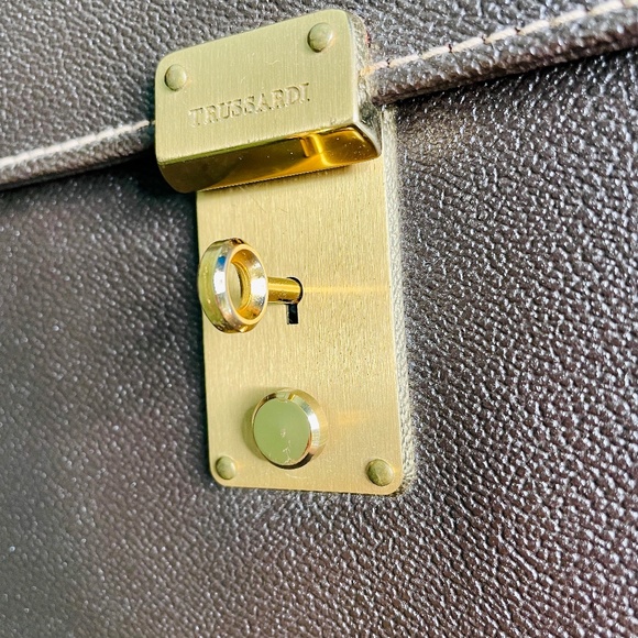 Trussardi Brown Canvas Document Holder Bag Large Case with Lock & Key Vintage - Picture 9 of 16